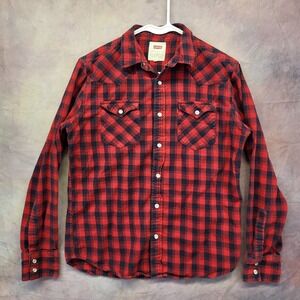 Levi's Men's Small Red Black Buffalo Plaid Flannel Western Pearl Snap Shirt